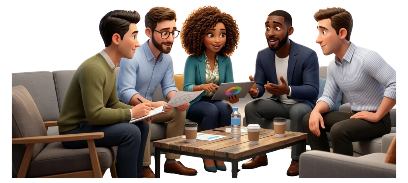 3d-accueil-groupe Illustration : cinq salariés échangent autour d'une table basse